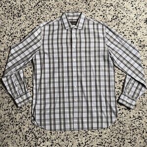 John Varvatos Plaid Shirt Grey Long Sleeve Button Down Regular Fit Mens 16 34/35